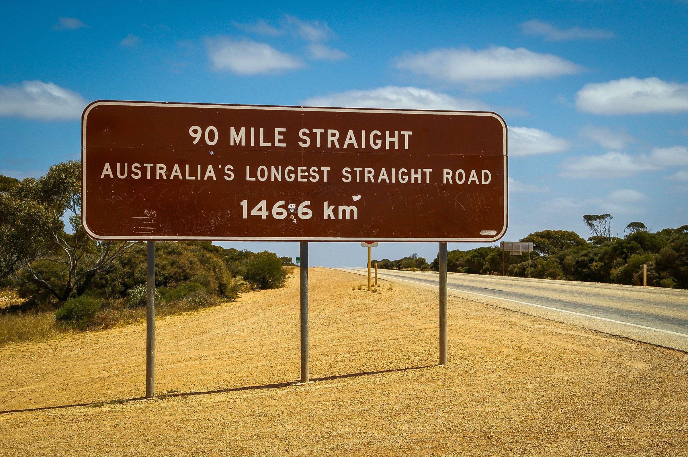 The 90 Mile Straight road sign on the Eyre Highway across the Nullarbor